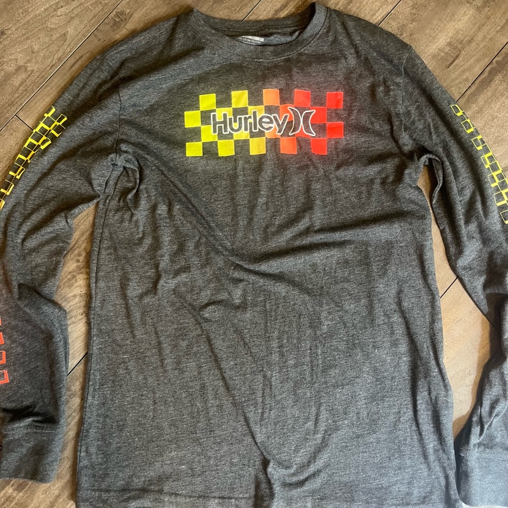 Hurley Charcoal Long Sleeve Tee with Neon Yellow-Orange Checker Logo